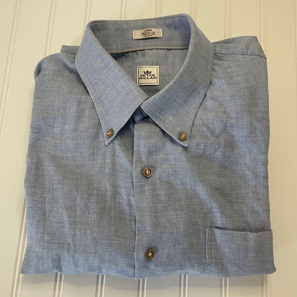 Peter Millar Cotton Button Down Shirt Preppy‎ Casual Work Resort Blue Mens Large